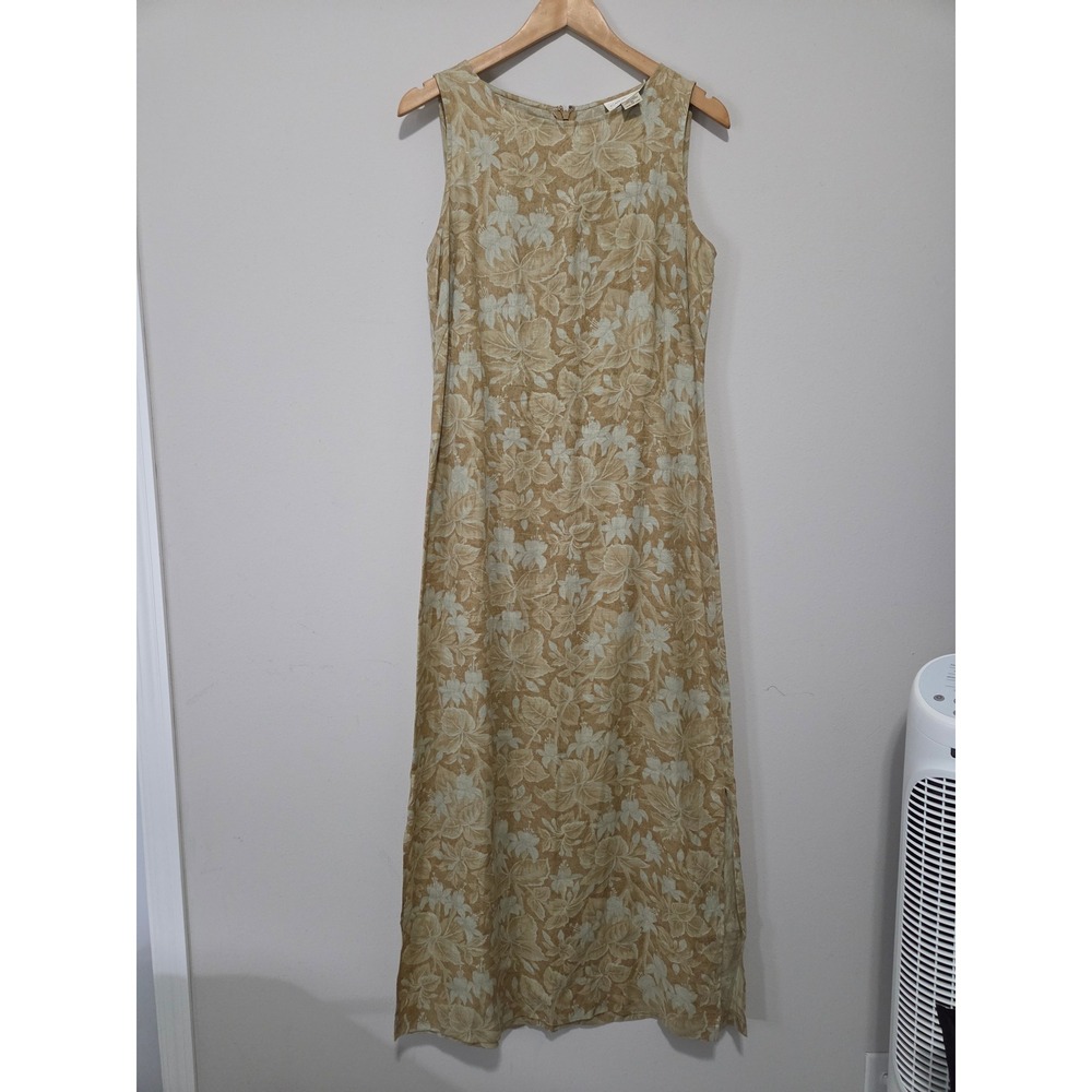 Casual Corner Vintage 100% Linen Floral Maxi Dress Tan Hibiscus Sleeveless Sz 10